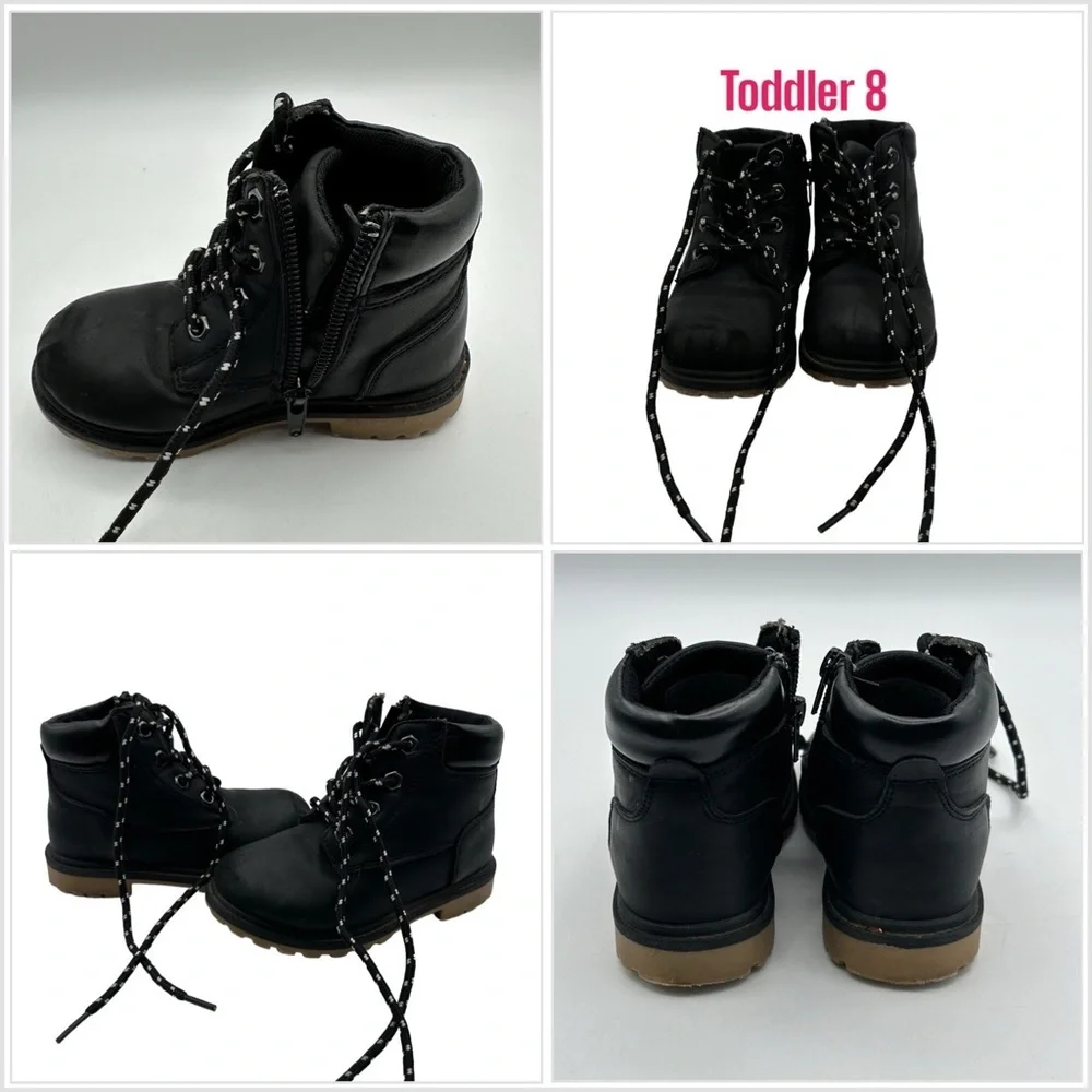 Kids Boys Girls 8 Toddler Black Shoes Ankle Faux Leather Boots High Top Lace Up